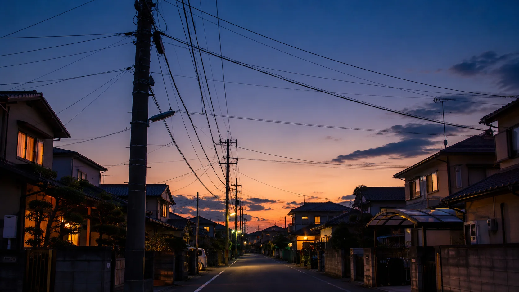 夕景の所沢の住宅街と電柱のシルエット