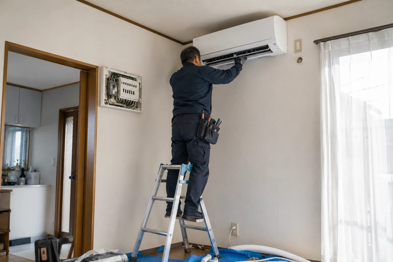 容量不足を解消したエアコン取付の施工写真